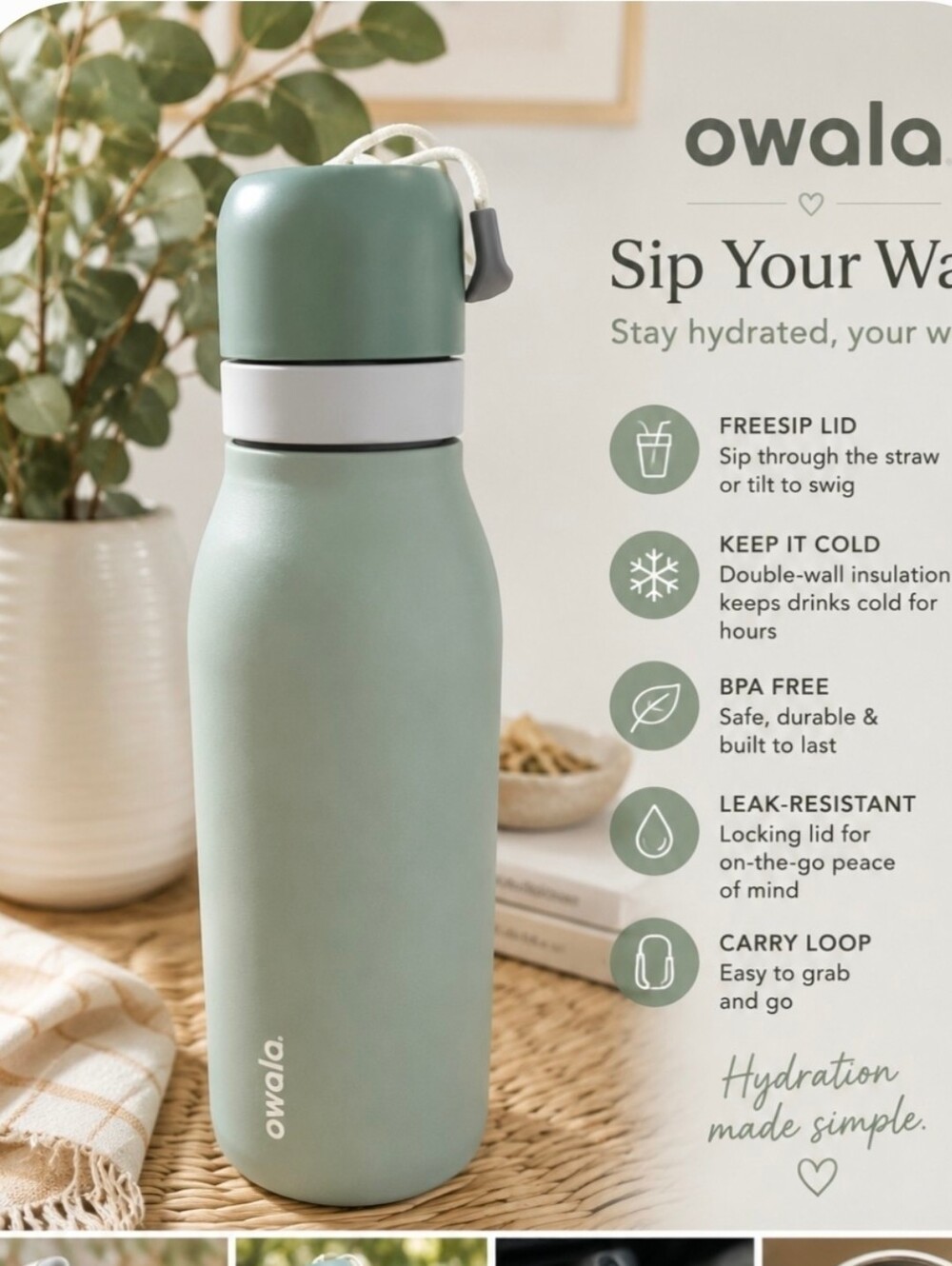 Owala FreeSip Sage Green Insulated Stainless Steel Water Bottle